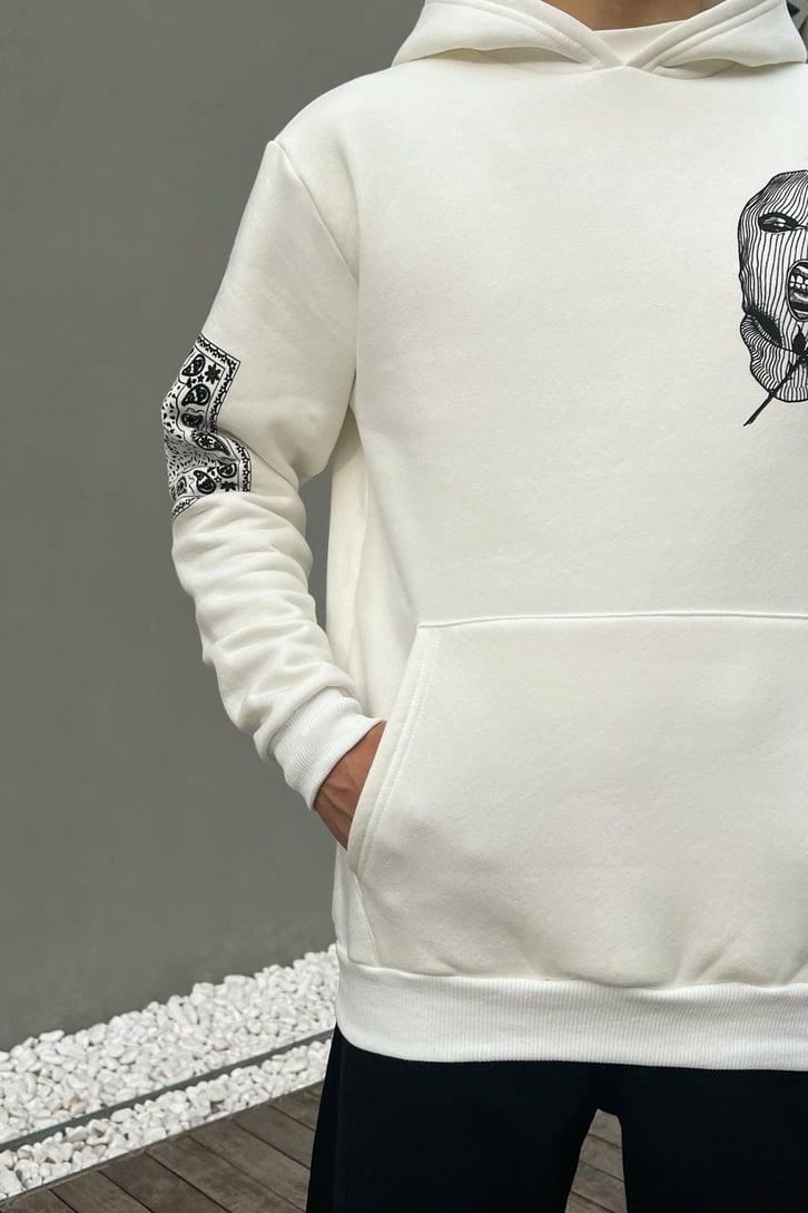 Masked Baskılı Beyaz Oversize Hoodie