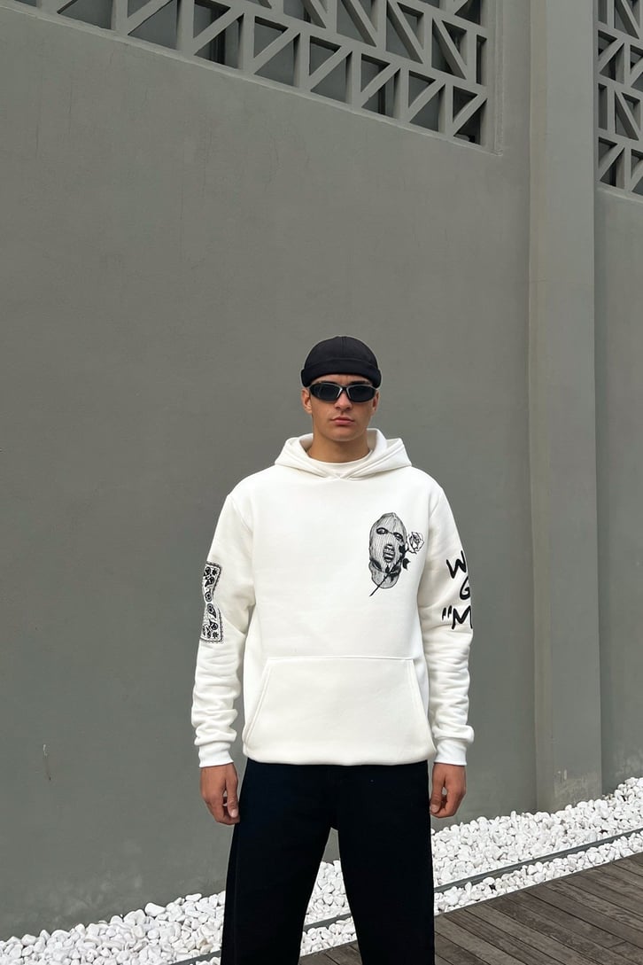 Masked Baskılı Beyaz Oversize Hoodie