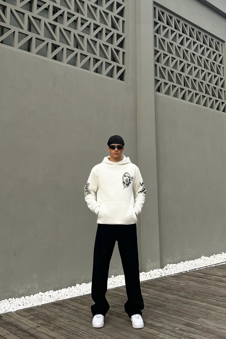 Masked Baskılı Beyaz Oversize Hoodie