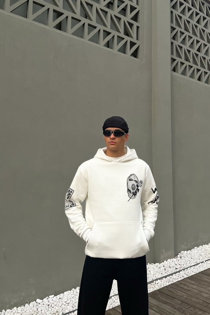 Masked Baskılı Beyaz Oversize Hoodie