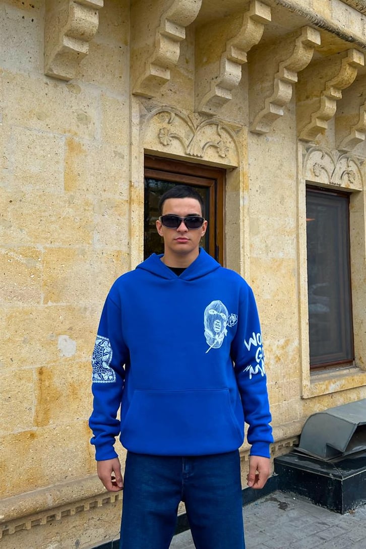 Masked Baskılı Saks Mavisi İçi Pamuklu Oversize Hoodie