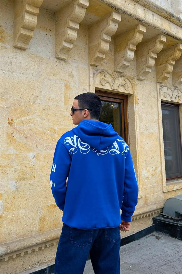 Masked Baskılı Saks Mavisi İçi Pamuklu Oversize Hoodie