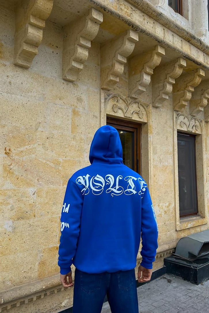 Masked Baskılı Saks Mavisi İçi Pamuklu Oversize Hoodie