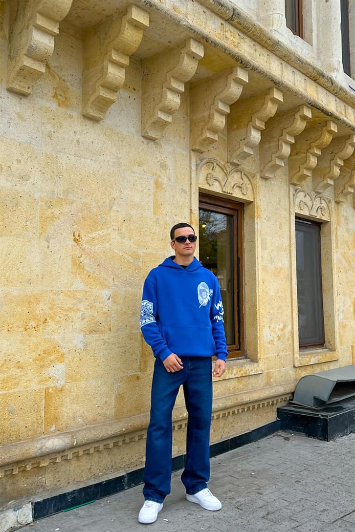 Masked Baskılı Saks Mavisi İçi Pamuklu Oversize Hoodie