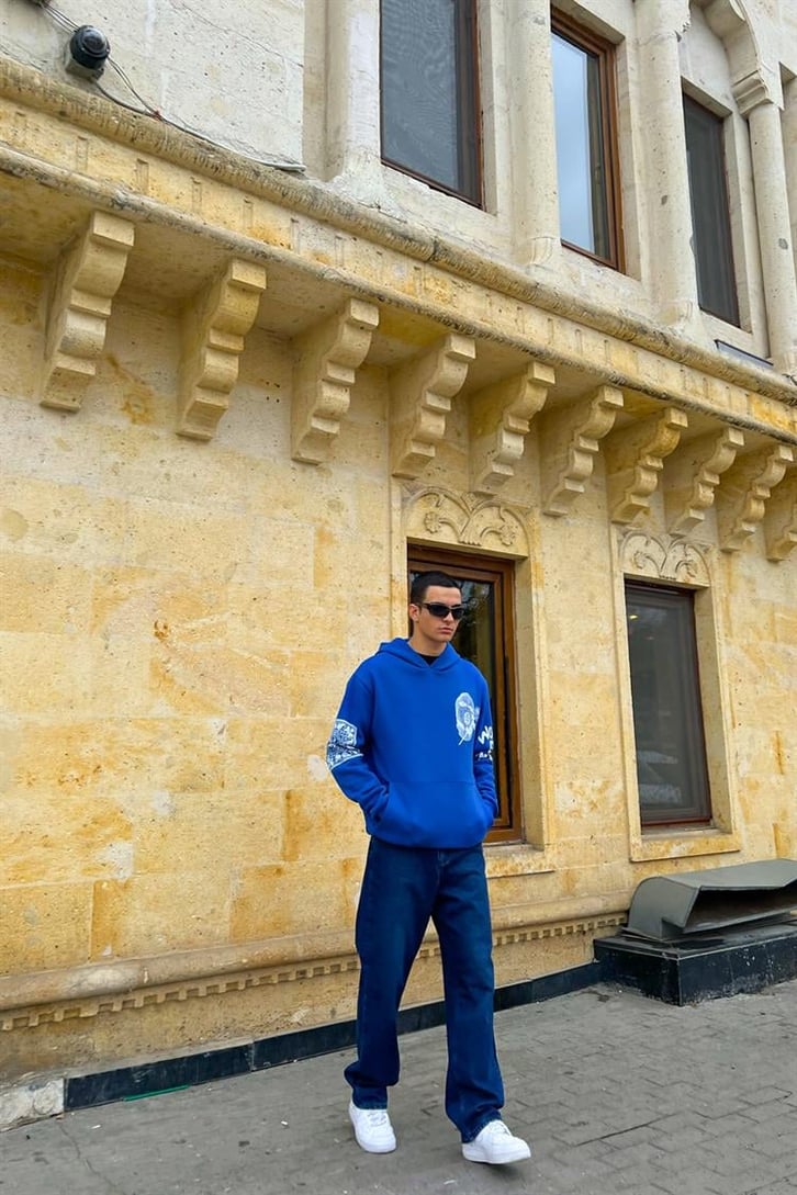 Masked Baskılı Saks Mavisi İçi Pamuklu Oversize Hoodie