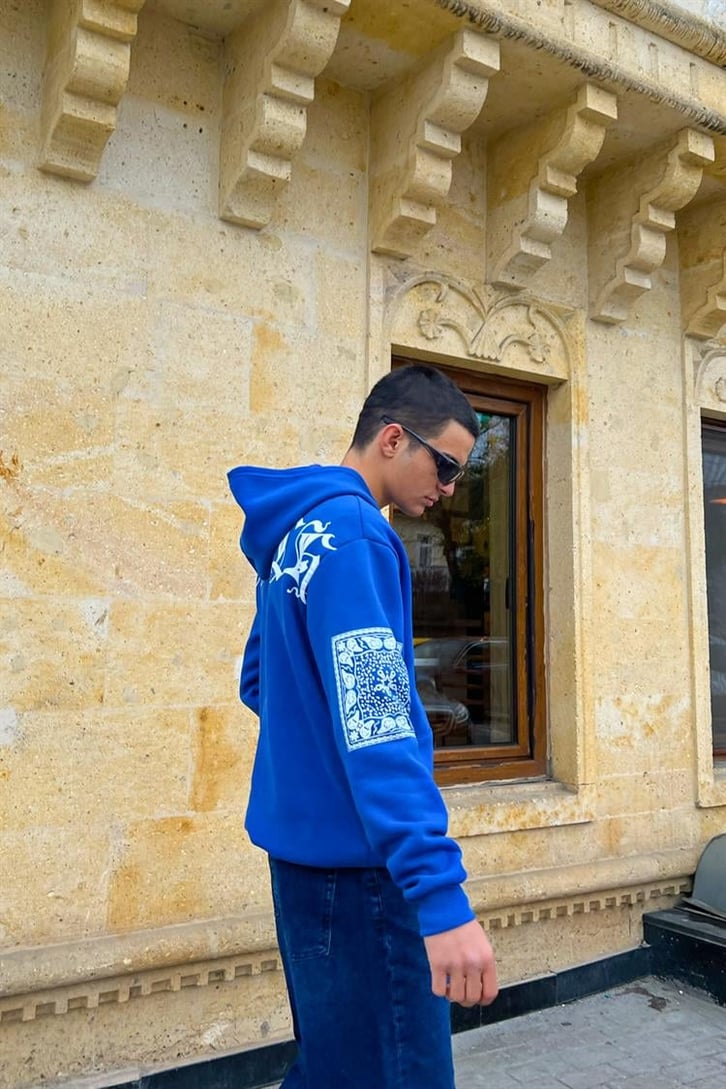 Masked Baskılı Saks Mavisi İçi Pamuklu Oversize Hoodie
