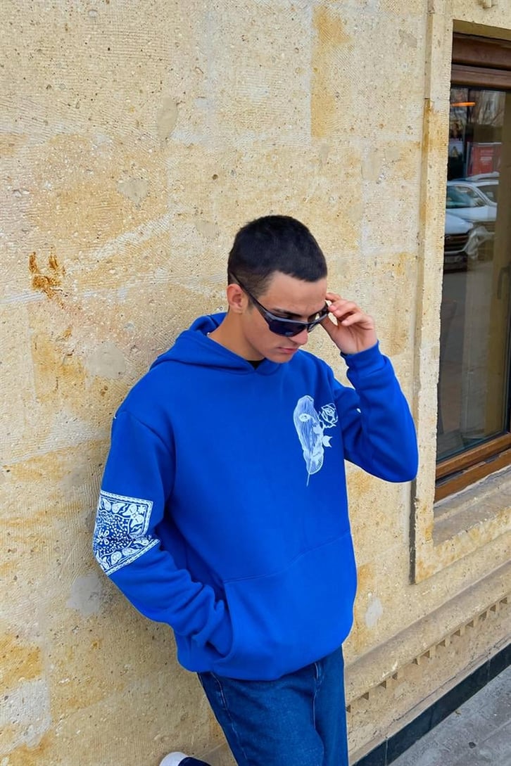 Masked Baskılı Saks Mavisi İçi Pamuklu Oversize Hoodie