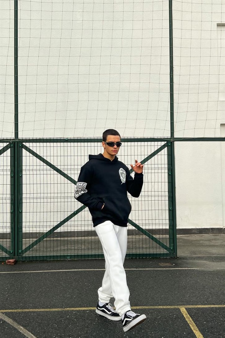 Masked Baskılı Siyah İçi Pamuklu Oversize Hoodie
