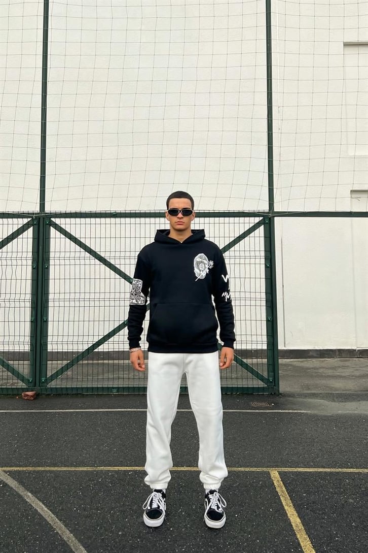 Masked Baskılı Siyah İçi Pamuklu Oversize Hoodie