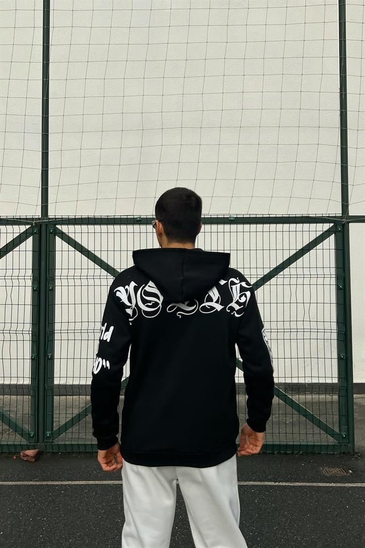 Masked Baskılı Siyah İçi Pamuklu Oversize Hoodie