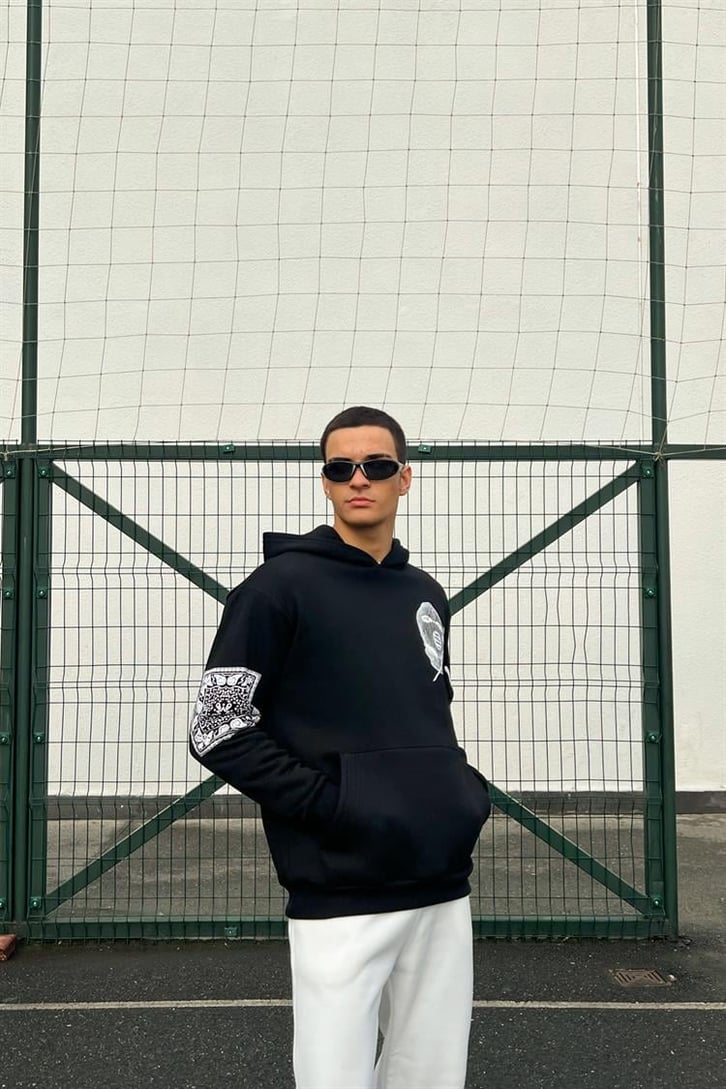 Masked Baskılı Siyah İçi Pamuklu Oversize Hoodie