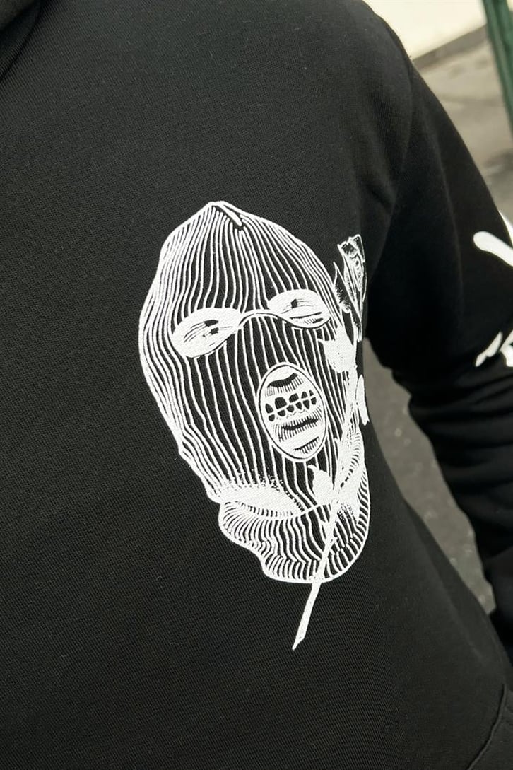 Masked Baskılı Siyah İçi Pamuklu Oversize Hoodie