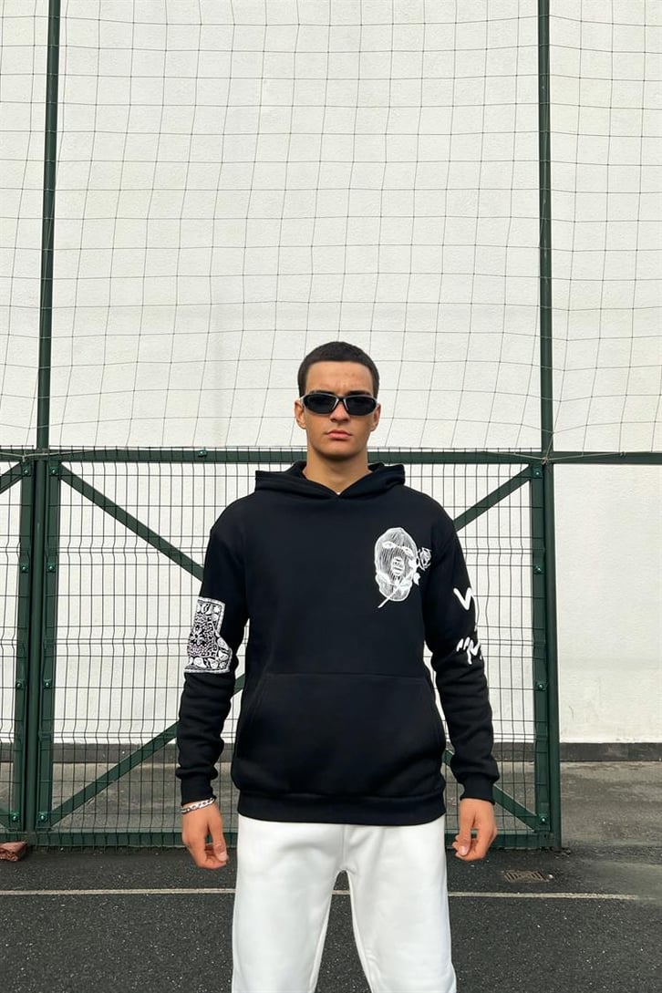 Masked Baskılı Siyah İçi Pamuklu Oversize Hoodie