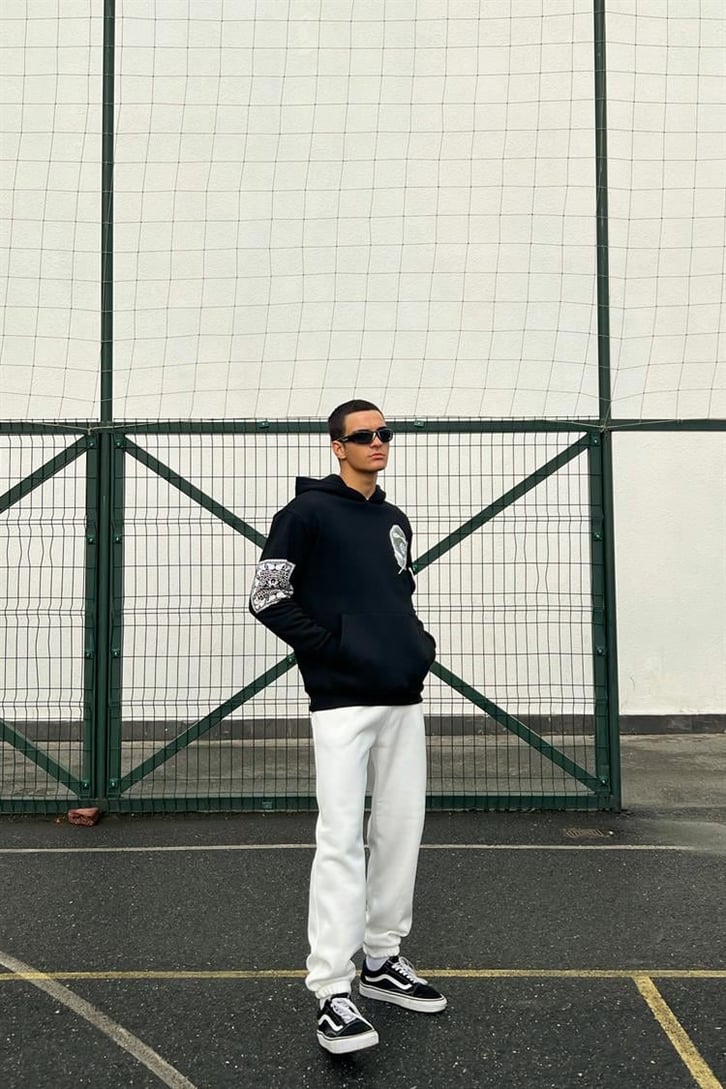 Masked Baskılı Siyah İçi Pamuklu Oversize Hoodie
