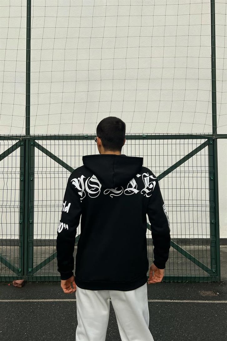 Masked Baskılı Siyah İçi Pamuklu Oversize Hoodie