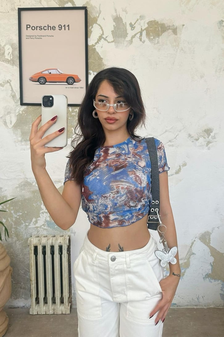 Mavi Lekeli Tül Crop