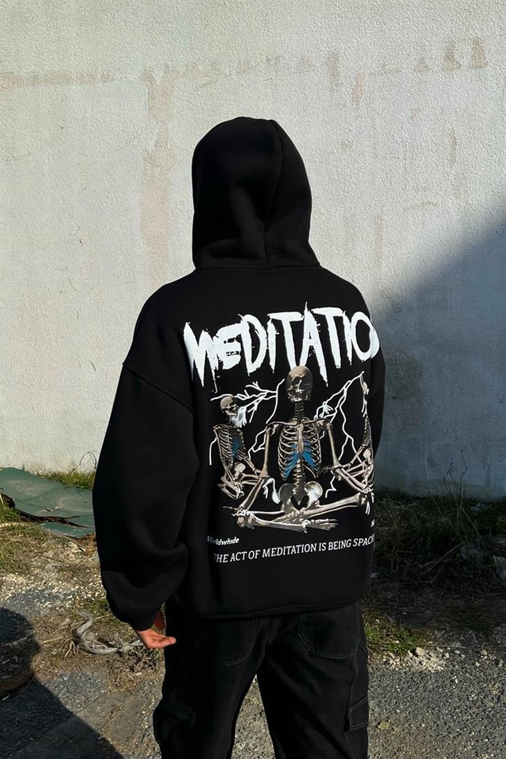Meditation Sırt Baskılı Siyah Hoodie