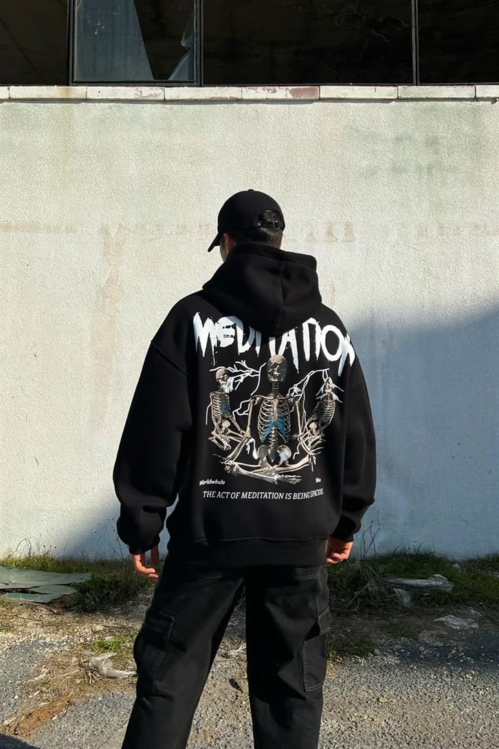 Meditation Sırt Baskılı Siyah Hoodie