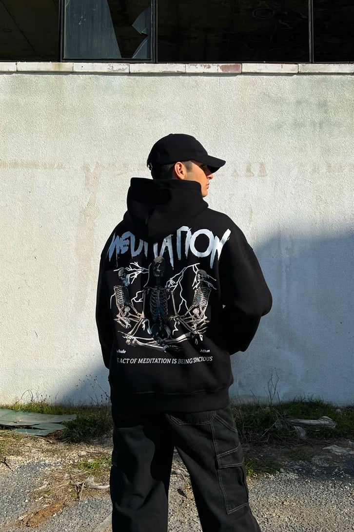 Meditation Sırt Baskılı Siyah Hoodie