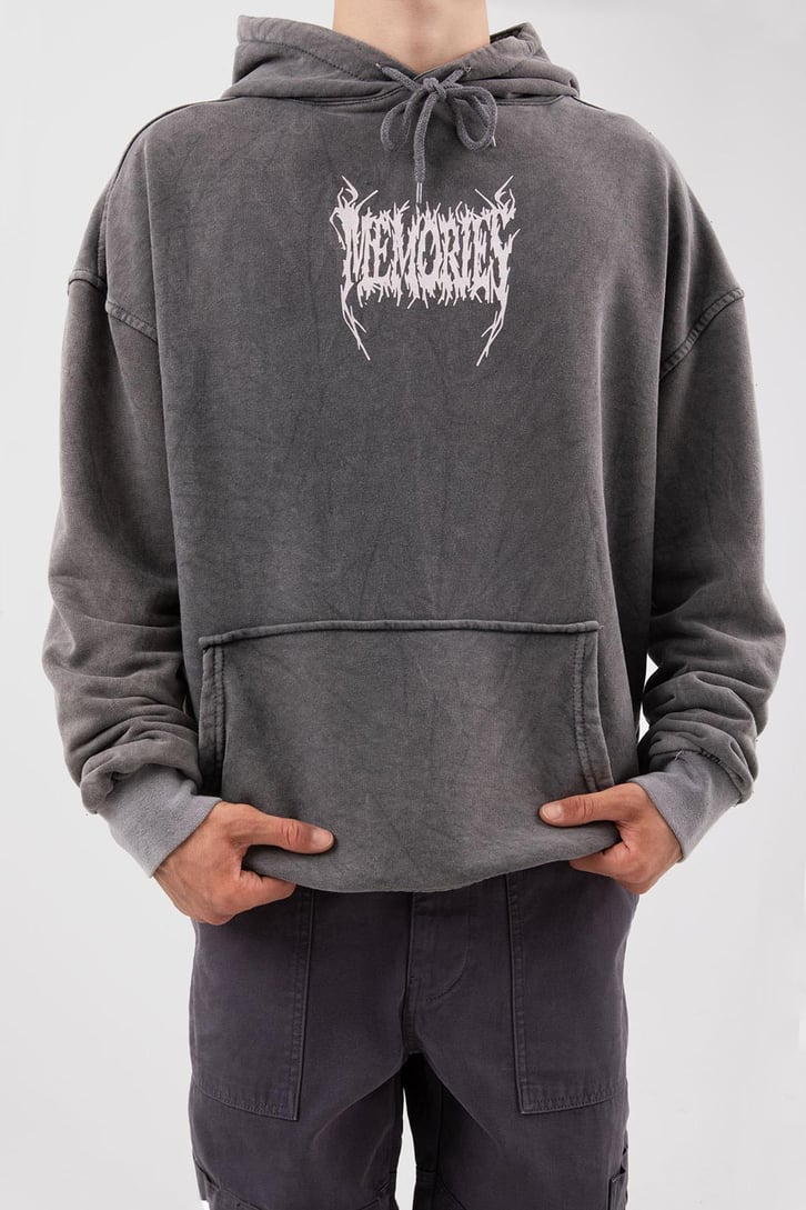 Memories Baskılı Acid Wash Oversize Hoodie