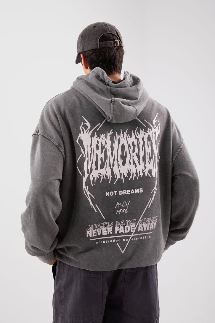 Memories Baskılı Acid Wash Oversize Hoodie