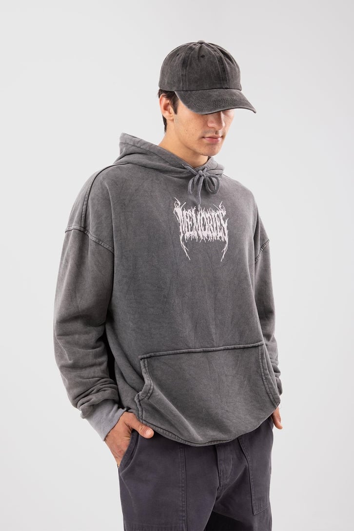 Memories Baskılı Acid Wash Oversize Hoodie