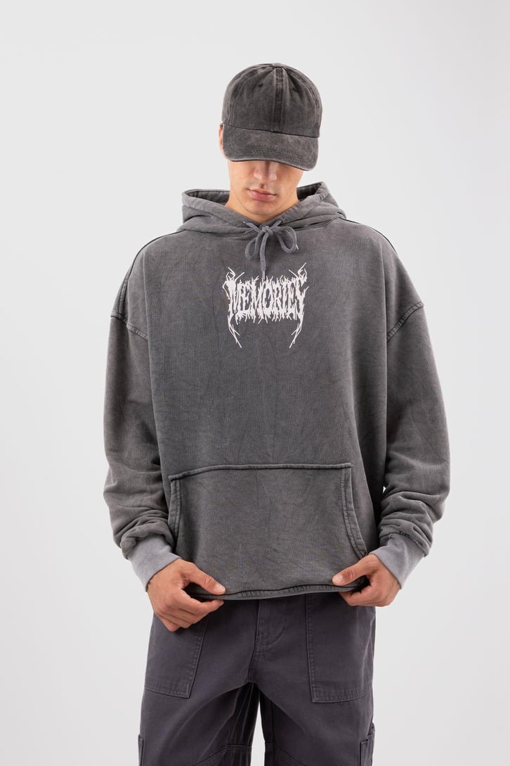Memories Baskılı Acid Wash Oversize Hoodie