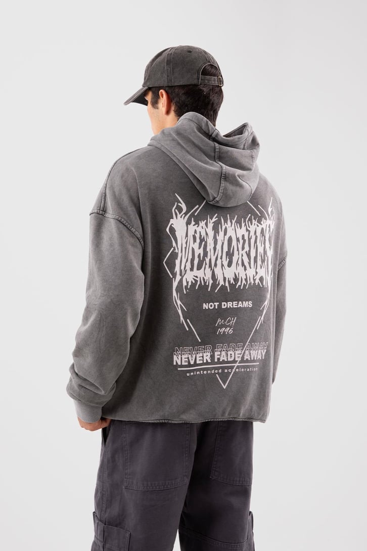 Memories Baskılı Acid Wash Oversize Hoodie
