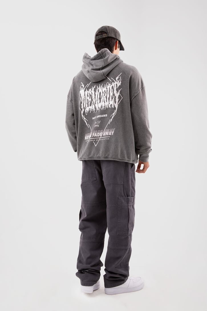 Memories Baskılı Acid Wash Oversize Hoodie