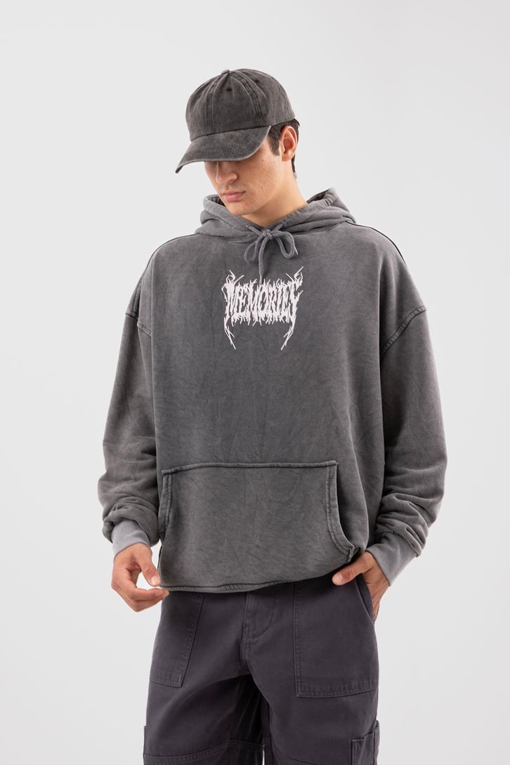 Memories Baskılı Acid Wash Oversize Hoodie
