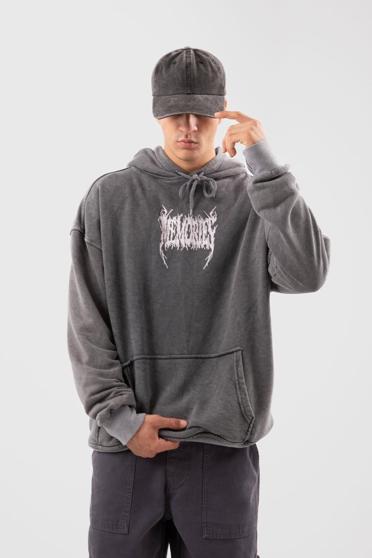 Memories Baskılı Acid Wash Oversize Hoodie