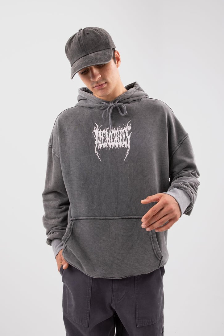 Memories Baskılı Acid Wash Oversize Hoodie