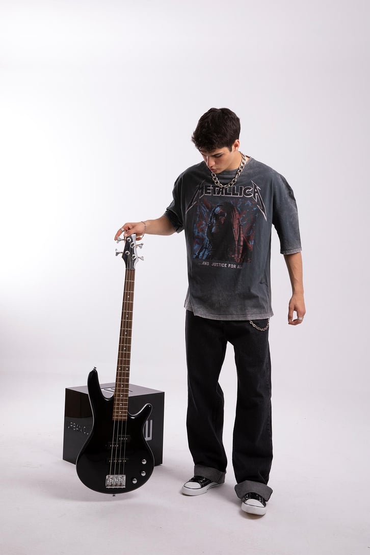 Metallica Baskılı Acid Wash Oversize Tshirt