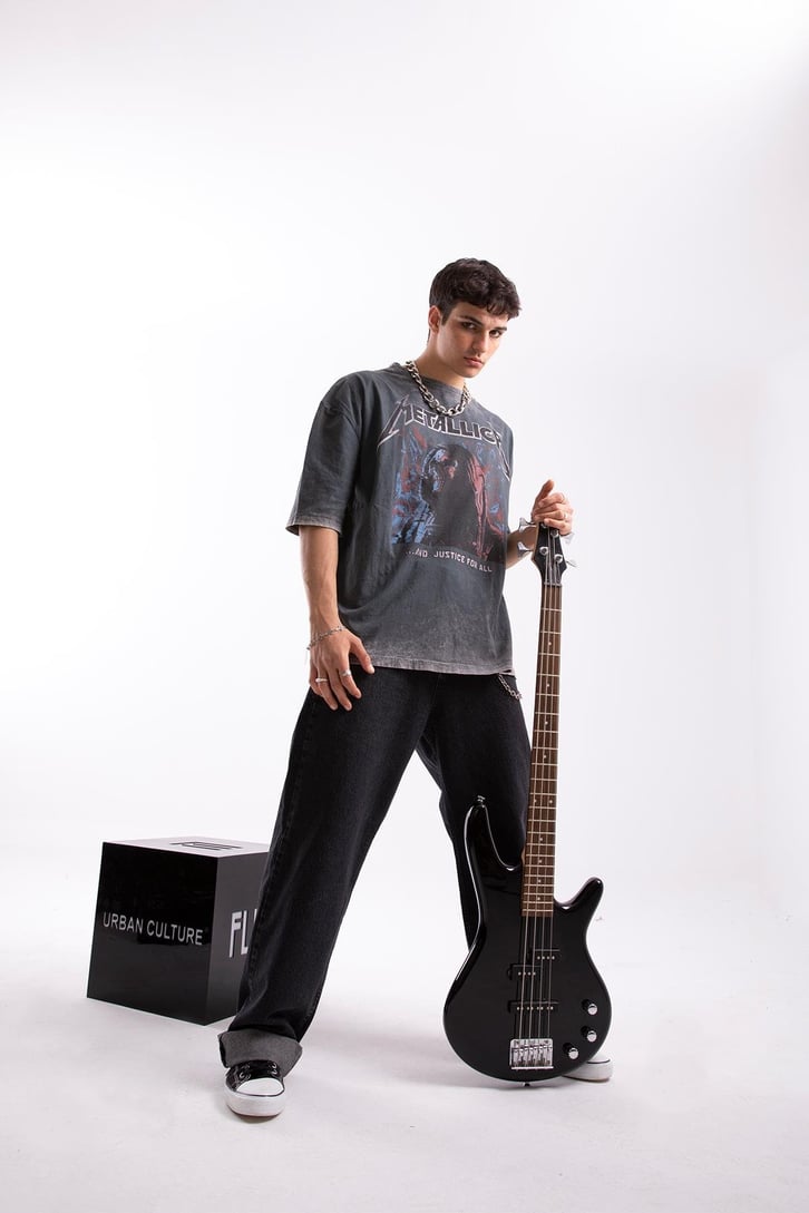 Metallica Baskılı Acid Wash Oversize Tshirt