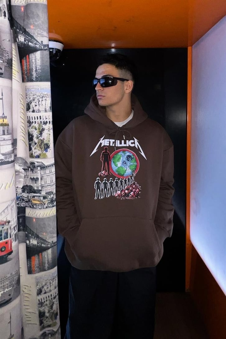 Metallica Baskılı Kahverengi Oversize Hoodie