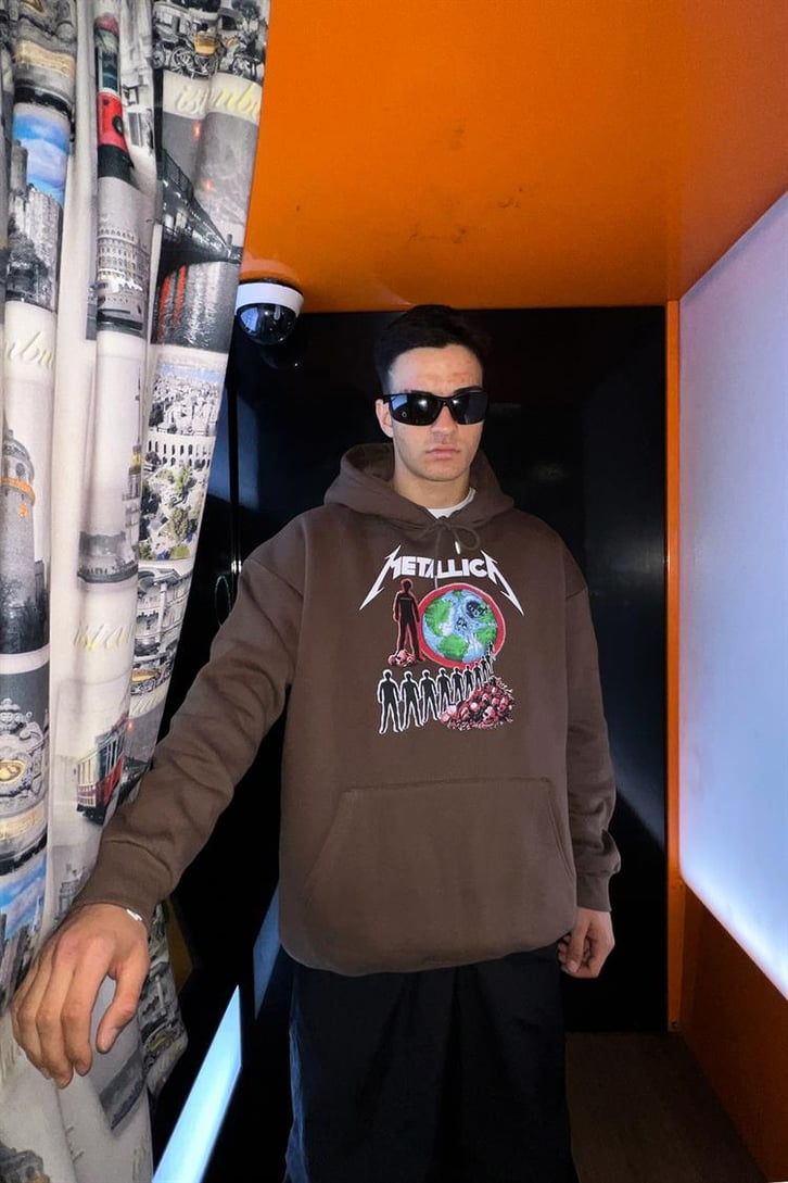 Metallica Baskılı Kahverengi Oversize Hoodie