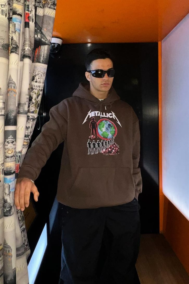 Metallica Baskılı Kahverengi Oversize Hoodie