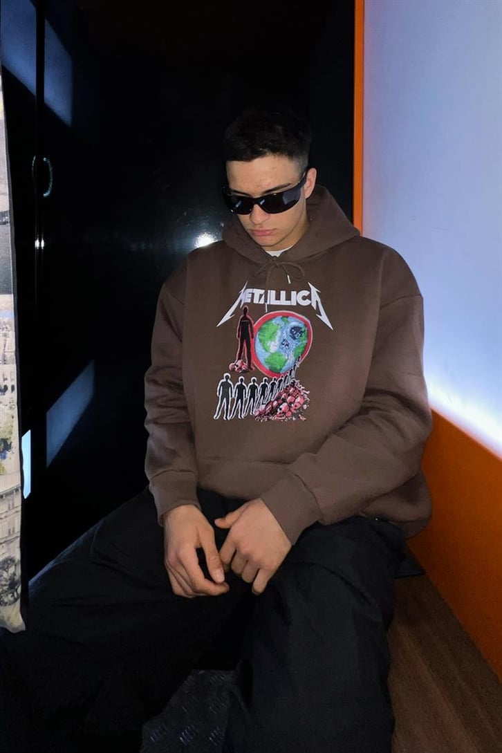 Metallica Baskılı Kahverengi Oversize Hoodie