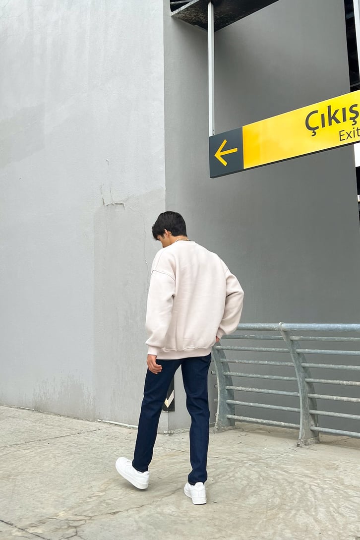 Michigan Baskılı Taş Rengi Oversize Sweatshirt