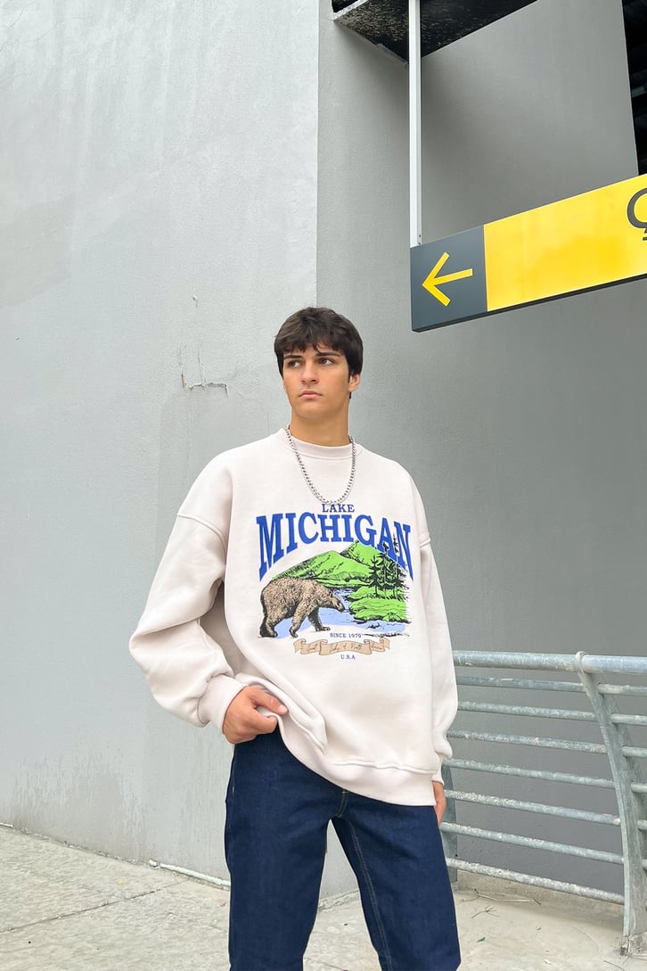 Michigan Baskılı Taş Rengi Oversize Sweatshirt