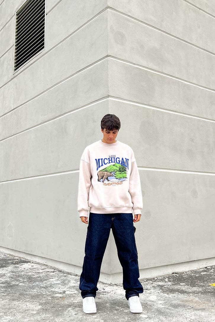 Michigan Baskılı Taş Rengi Oversize Sweatshirt