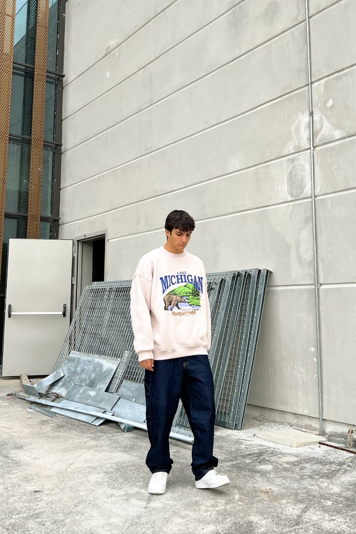 Michigan Baskılı Taş Rengi Oversize Sweatshirt