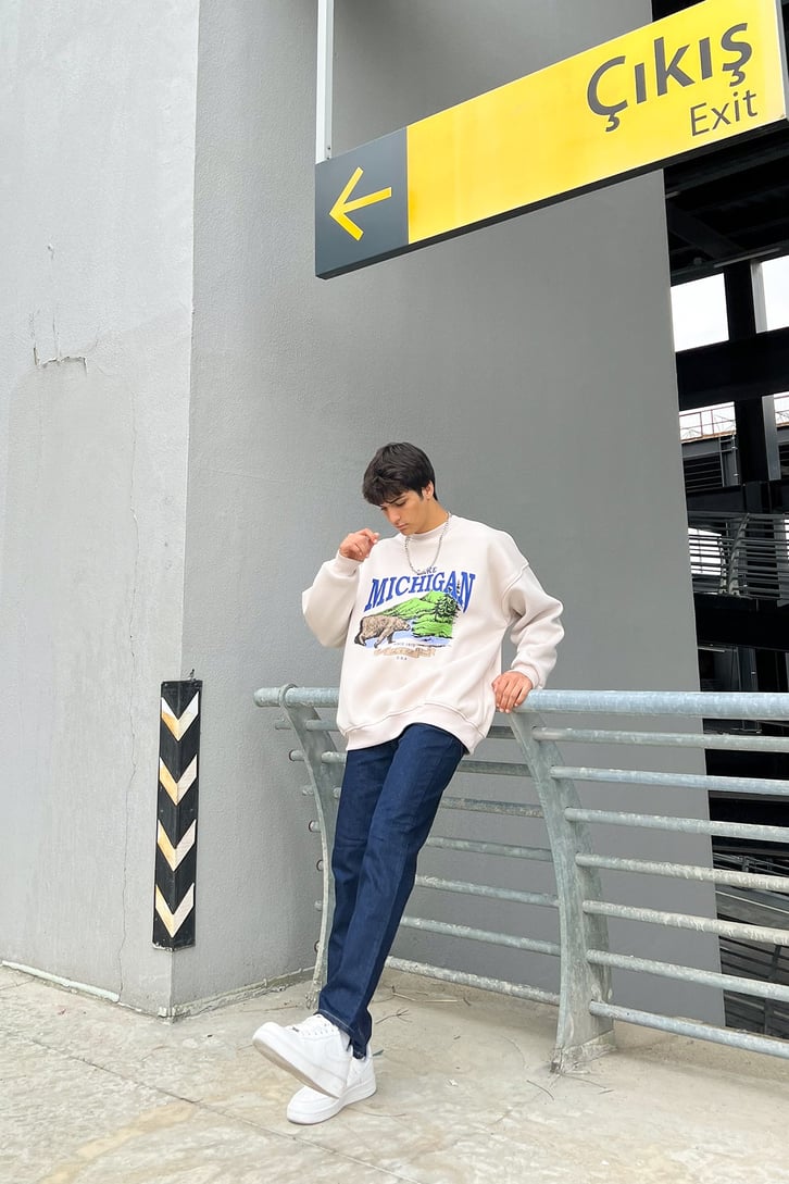 Michigan Baskılı Taş Rengi Oversize Sweatshirt