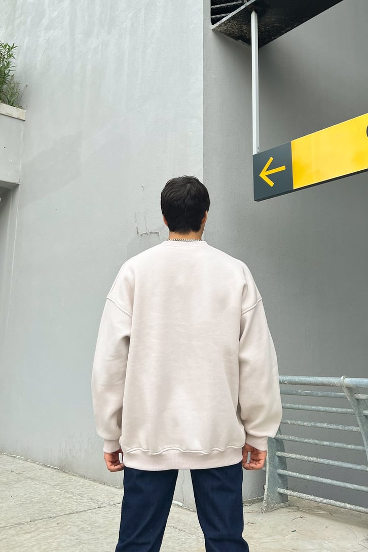 Michigan Baskılı Taş Rengi Oversize Sweatshirt
