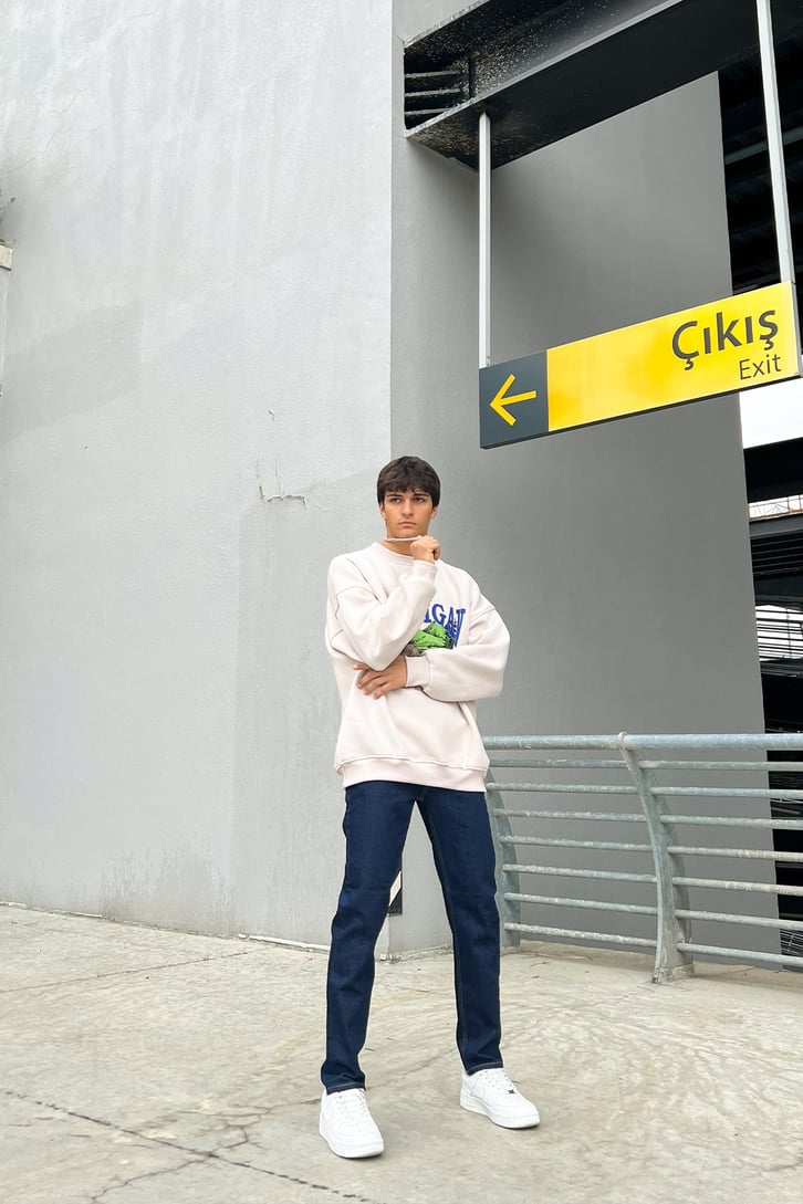 Michigan Baskılı Taş Rengi Oversize Sweatshirt