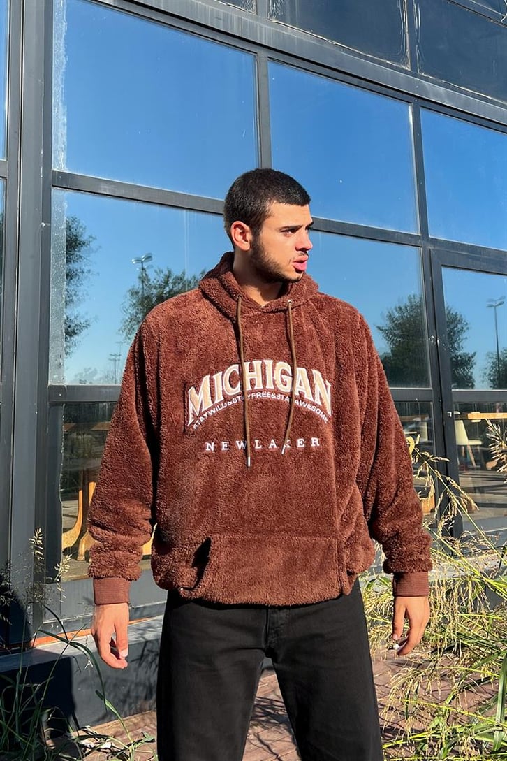 Michigan Kahverengi Peluş Hoodie