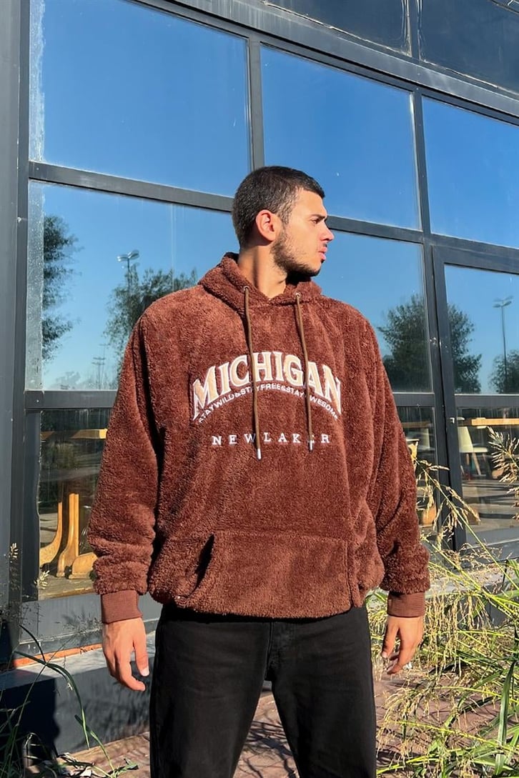 Michigan Kahverengi Peluş Hoodie