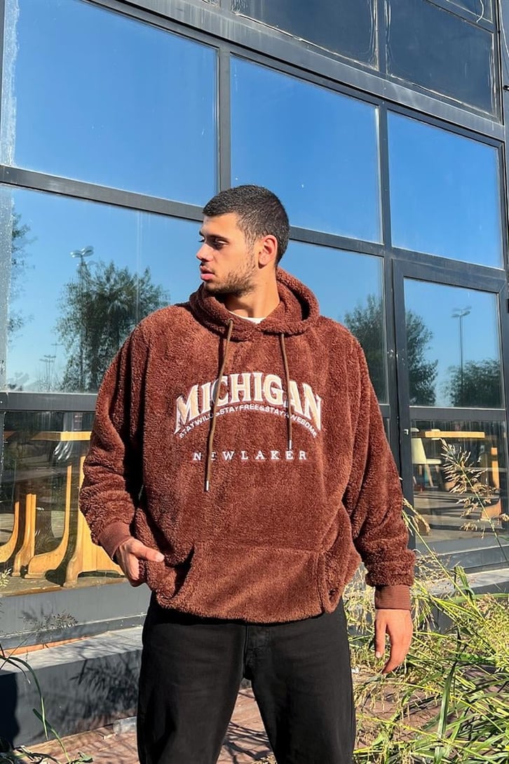 Michigan Kahverengi Peluş Hoodie