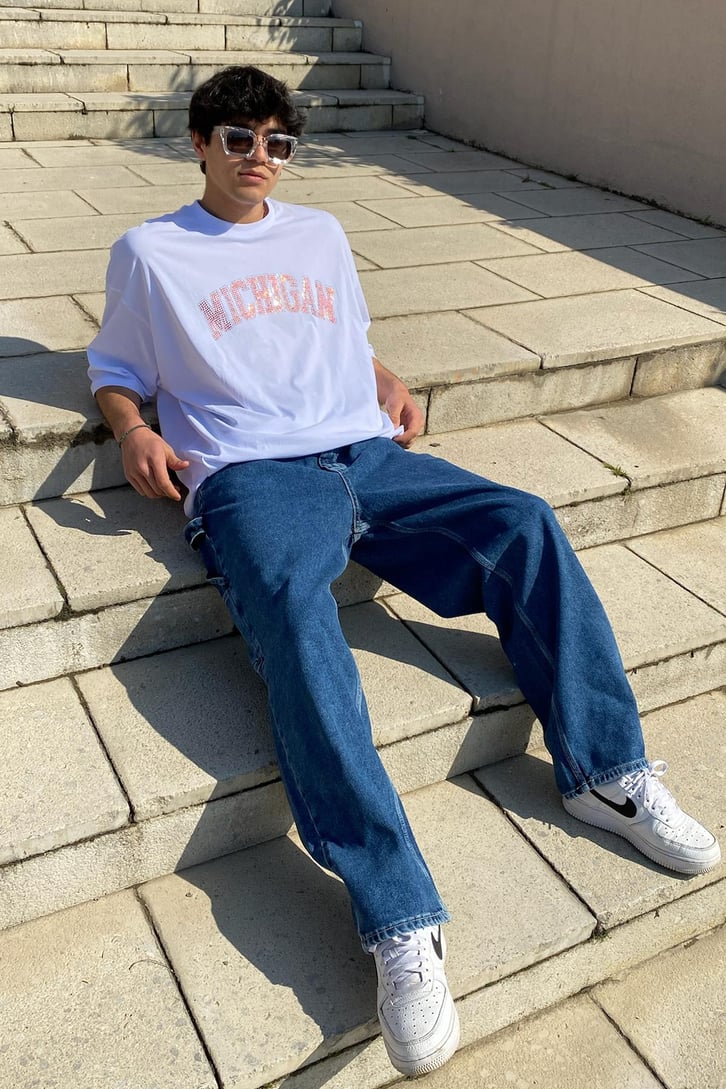 Michigan Taş Detaylı Oversize Beyaz Tshirt