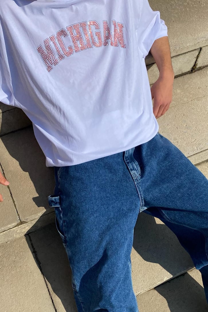 Michigan Taş Detaylı Oversize Beyaz Tshirt